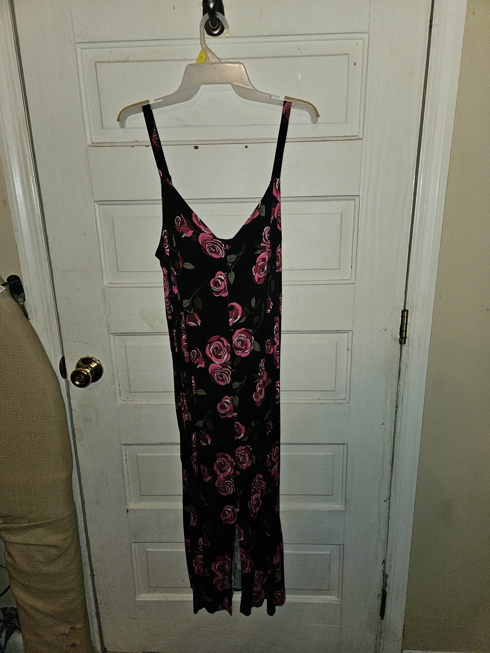 Pink Rose-Print Black Maxi Slip Dress